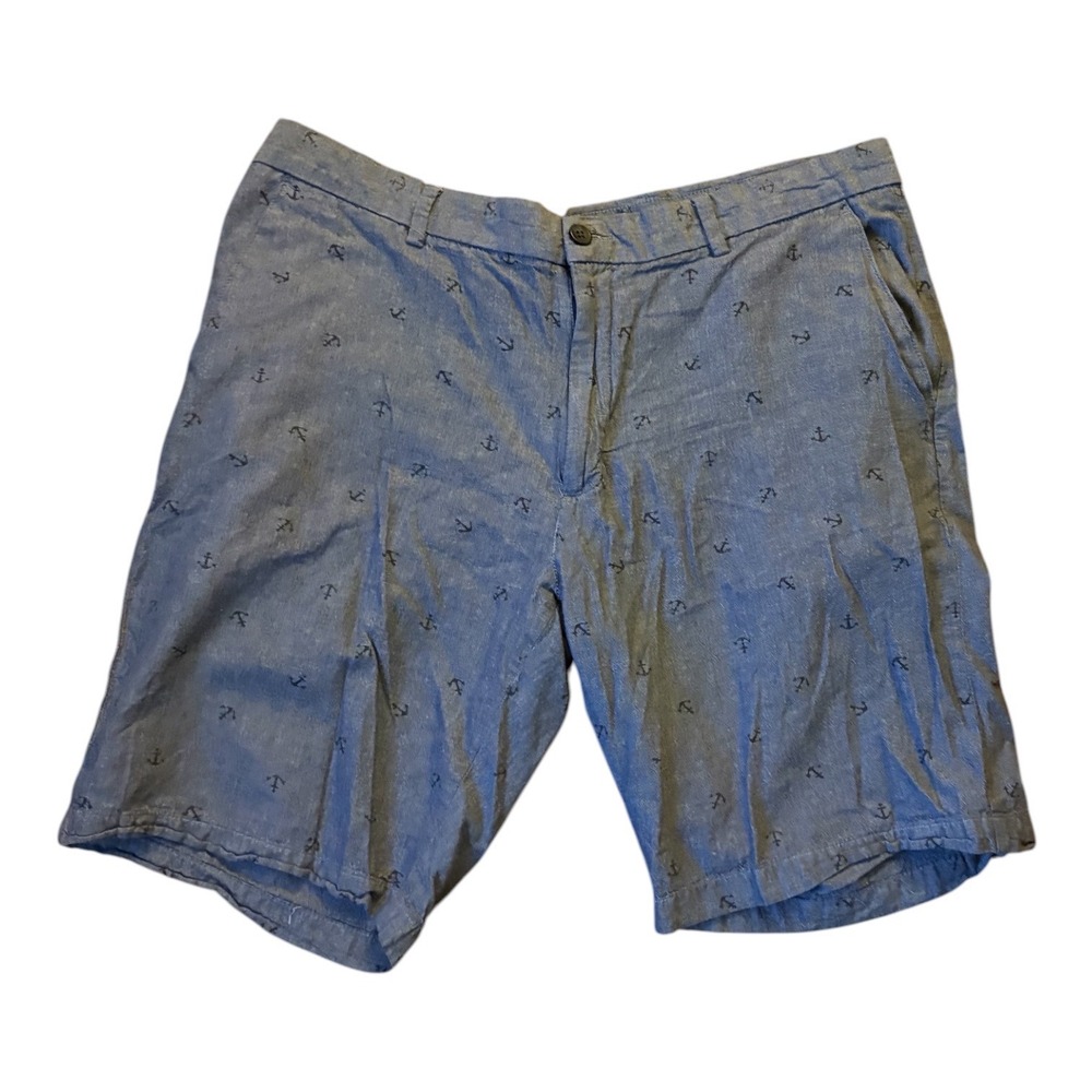 Axist‎ Mens Blue Anchor Print Chambray Shorts Nautical Flat Front 38 A18SS003